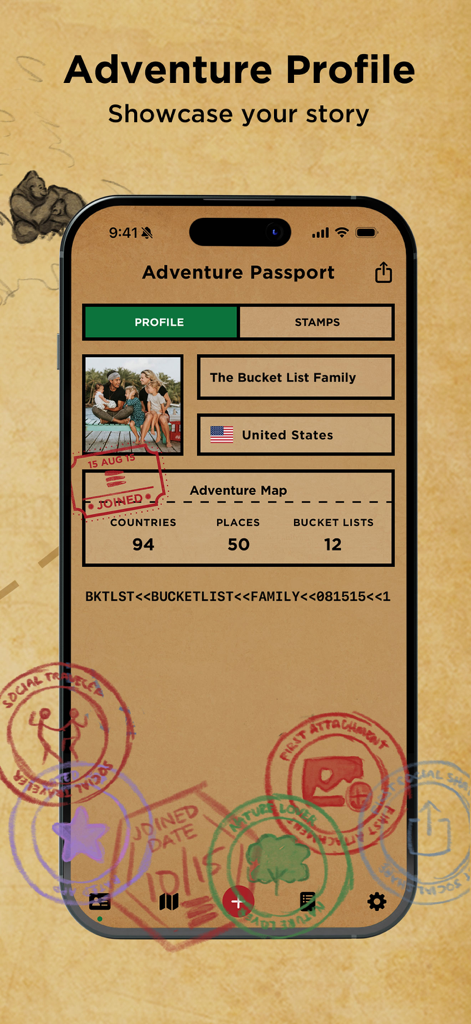 Schermata del profilo Passaporto Avventura nell'app Bucket List che mostra statistiche di viaggio e timbri digitali