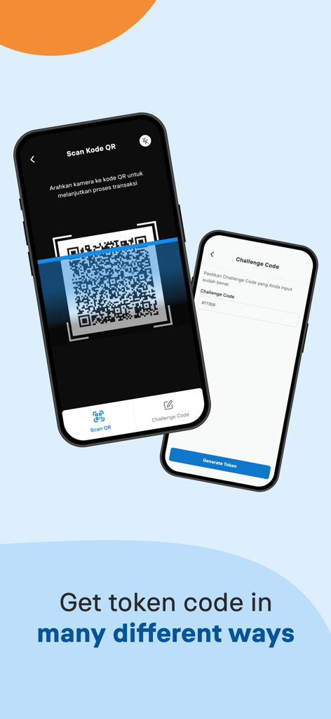 QLola IB Token - Two mobile screens from the QLola IB Token app showing the Scan QR and Challenge Code methods for generating transaction tokens.