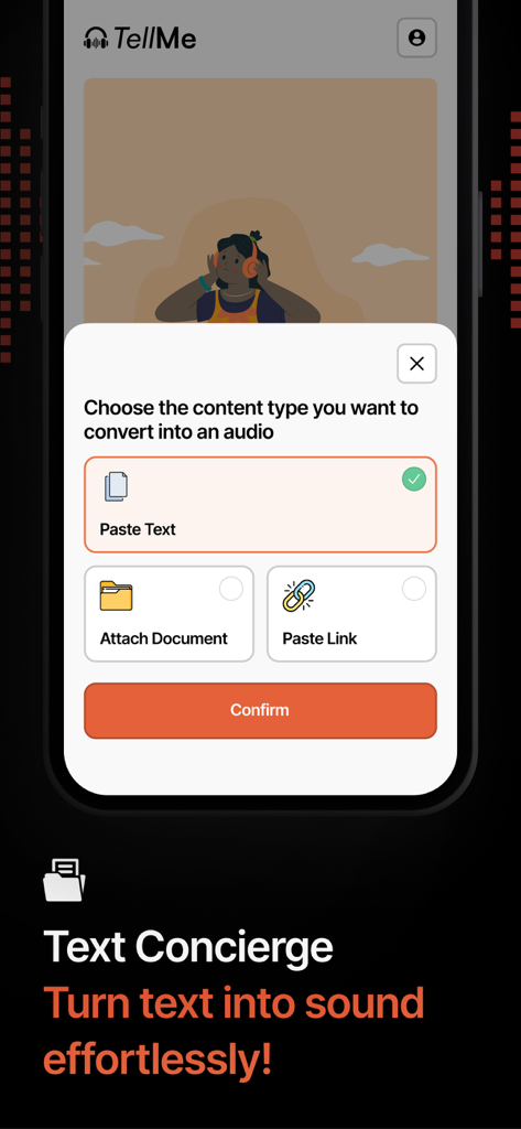 Tell Me - Turn texts to audio - Tell Meアプリのインターフェース。テキストドキュメントやリンクを選択して音声に変換します。