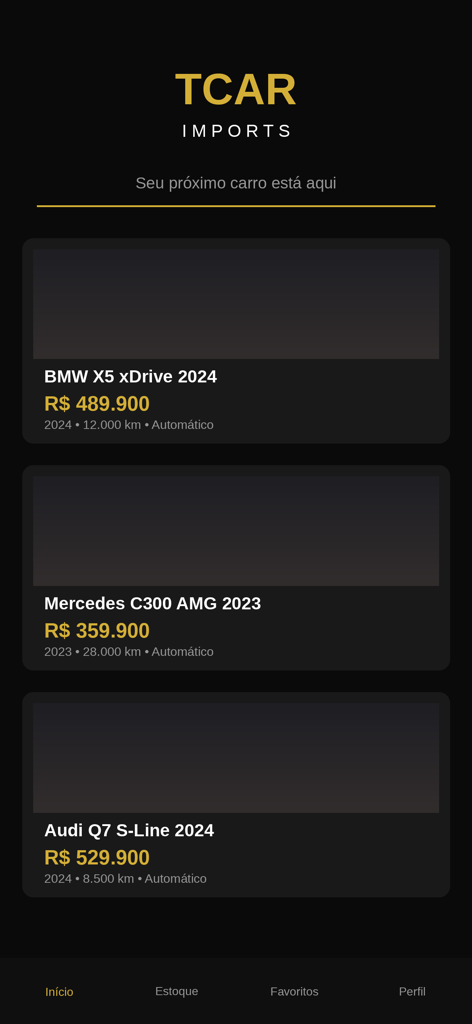 TCAR Imports app interface showing luxury car listings like BMW and Mercedes