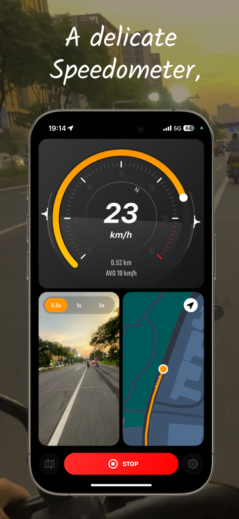CycleHUD - speed route tracker - Interface do aplicativo CycleHUD em um iPhone exibindo um velocímetro digital, vídeo de câmera de painel ao vivo e navegação de mapa de rota em tempo real.