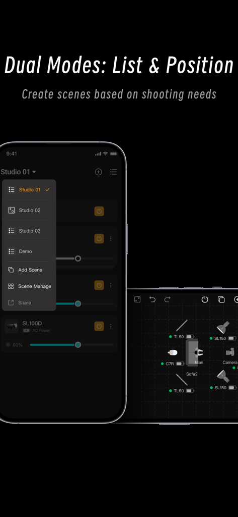 Godox Light app interface showing studio scene list and visualized position map for light control