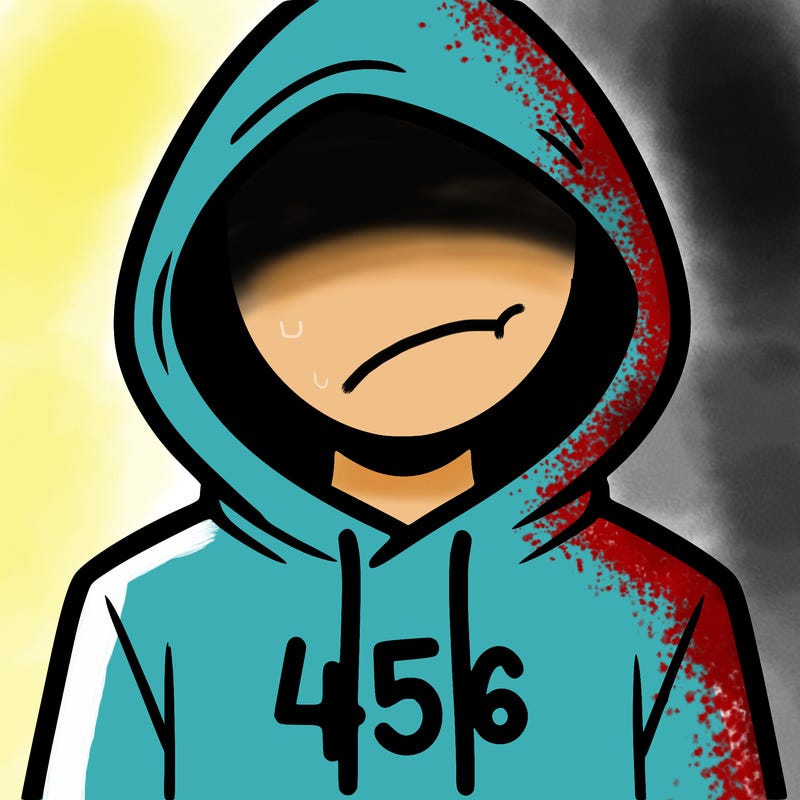 a person with non face waering a hoodie with a 456 symbol