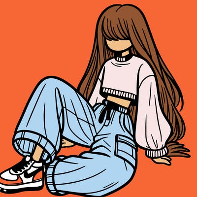 a girl with baggy pants and a crop top with long hair