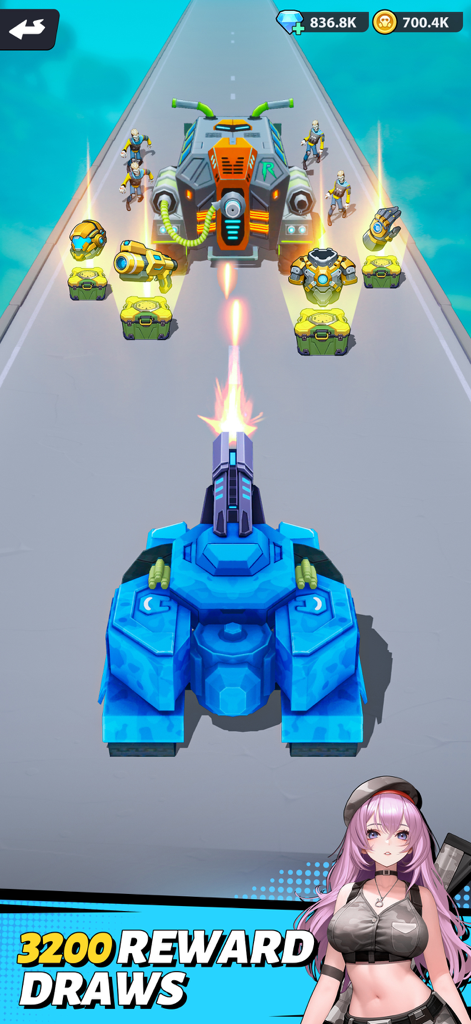 Run! Goddess - A blue tank shooting at zombies on a road in Run Goddess with an anime character and 3200 reward draws text