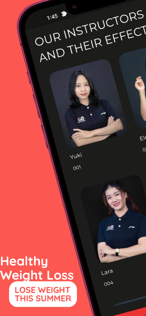 Go Fitness Gym - Go Fitness Gym mobile app displaying expert fitness instructors and weight loss goals
