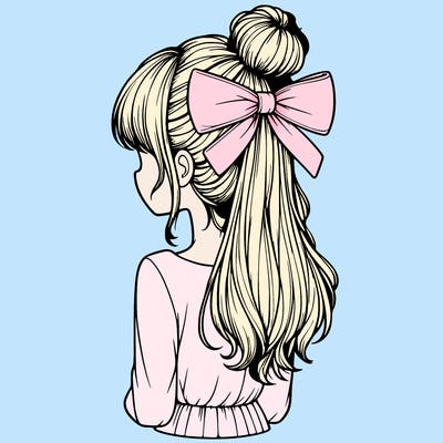 realistic girl  with hip length hair a bun and a big bow on the back of head