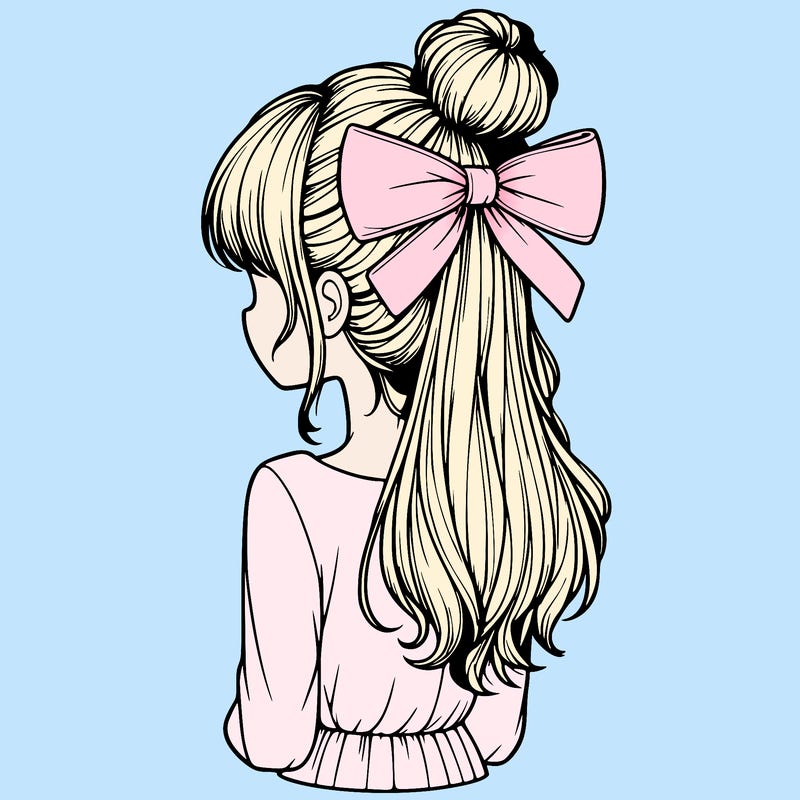 realistic girl  with hip length hair a bun and a big bow on the back of head