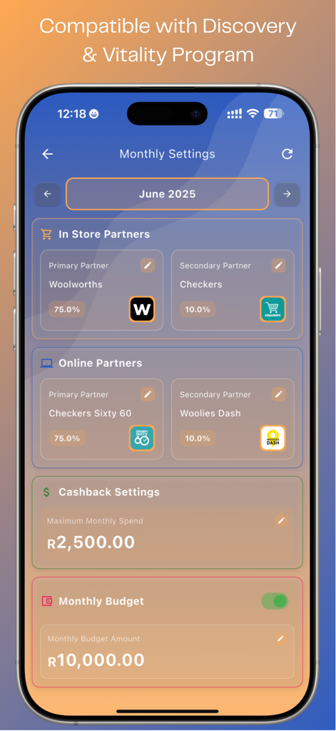 Snap N Track - Pantalla de configuración mensual de la aplicación Snap N Track que muestra socios de tiendas de comestibles y configuración de presupuesto