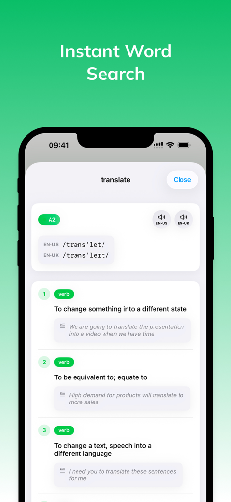 Interface of the Parroto app showing an instant word search for the word translate with definitions and pronunciations