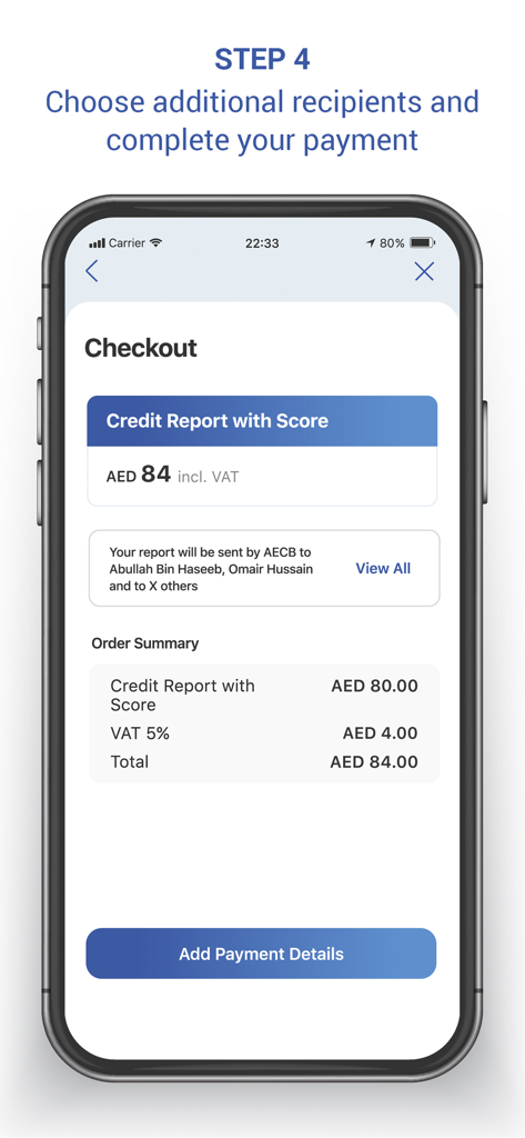 AECB CreditReport - AECB CreditReport app checkout screen showing the order summary and payment details for a credit report with score.