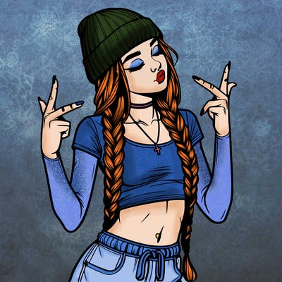 realistic teenage girl with braids and a beanie and crop top doing 🫶🏼