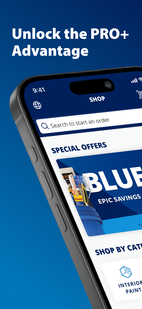 Sherwin-Williams PRO+ - Smartphone screen displaying the Sherwin-Williams PRO+ app shop interface with special offers for professional contractors