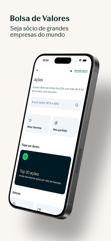 Avenue: Conta e Investimentos - Avenue app interface displaying US stock market investment options and stock search for Brazilian users