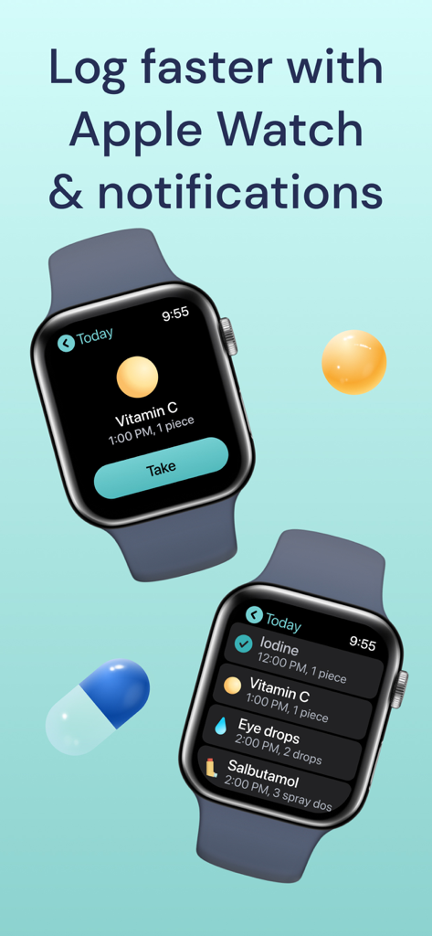 Apple Watch exibindo lembretes de medicamentos e registros do aplicativo Pill Reminder