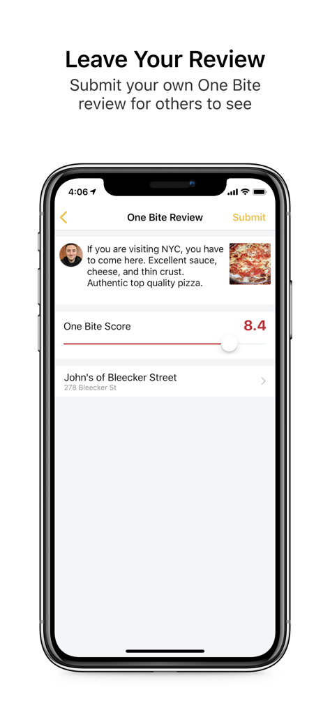 One Bite by Barstool Sports - Interfaccia dell'app mobile per l'invio di una recensione di pizza con punteggio e testo.