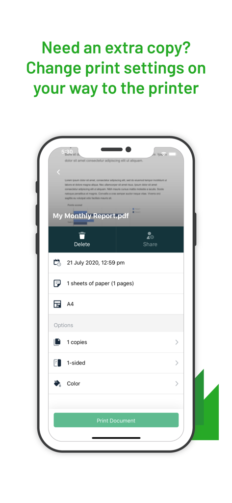 PaperCut Hive - Secure Print - PaperCut Hive app interface showing mobile print options for copies and color settings