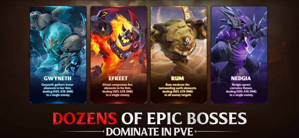 Four elemental epic bosses Gwyneth Efreet Rum and Nedgia in Infinite Magicraid PVE mode