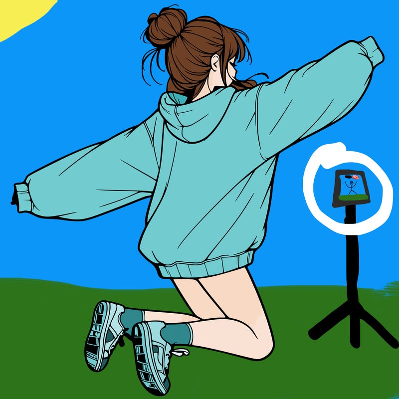 realistic girl jumping with a bun and oversized sweatshirt