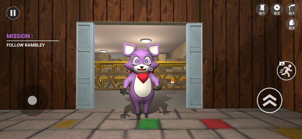 Monster Park Horror Games - Uma captura de tela do jogo Monster Park Horror Games mostrando o personagem Rambley e um objetivo de missão para segui-lo.