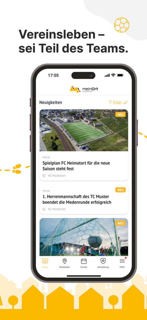 Smartphone zeigt die meinOrt-App mit Nachrichten von lokalen Sportvereinen und Gemeinde-Updates.