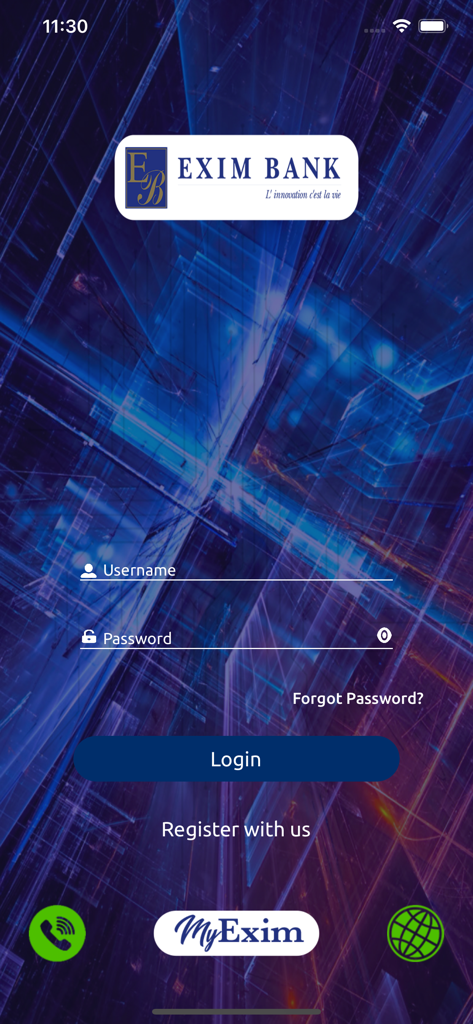 MyExim - Login screen of the MyExim mobile banking app featuring the Exim Bank logo and authentication fields over a digital blue background.