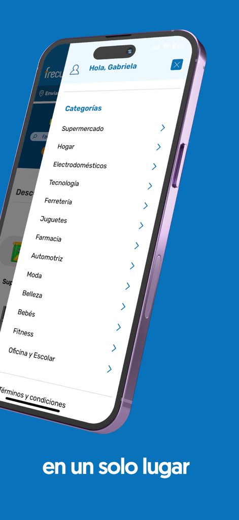 Frecuento - Menu do aplicativo móvel Frecuento exibindo categorias de compras, incluindo supermercado, eletrônicos e ferragens para entrega no Equador