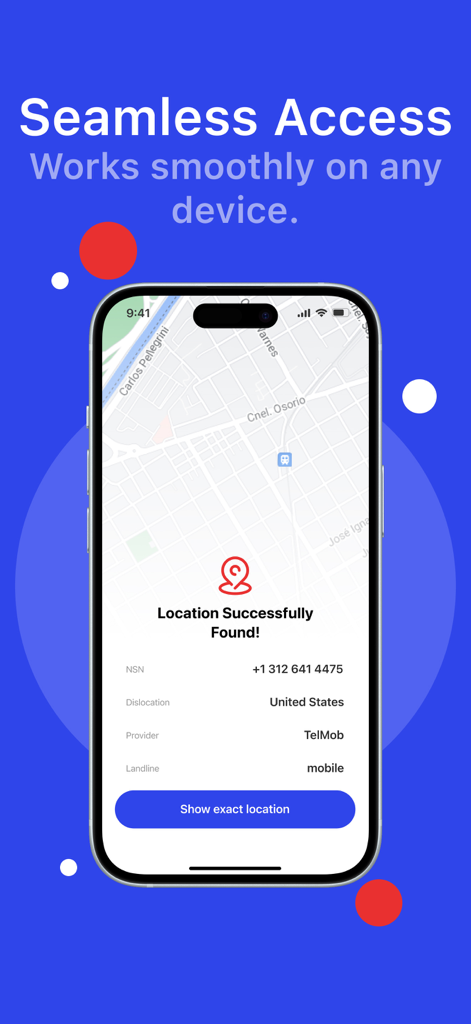 Location Tracker Cell Find GPS - An iPhone displaying the Location Tracker app with a successfully found GPS location on a map.