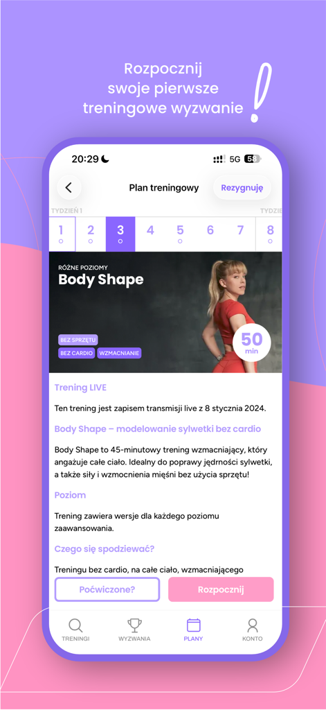 Codziennie Fit - Smartphone screen showing the Codziennie Fit app training plan interface for a Body Shape workout with Marta Kruk.