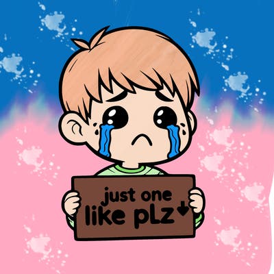 realistic crying boy with a sign saying just one like plz
