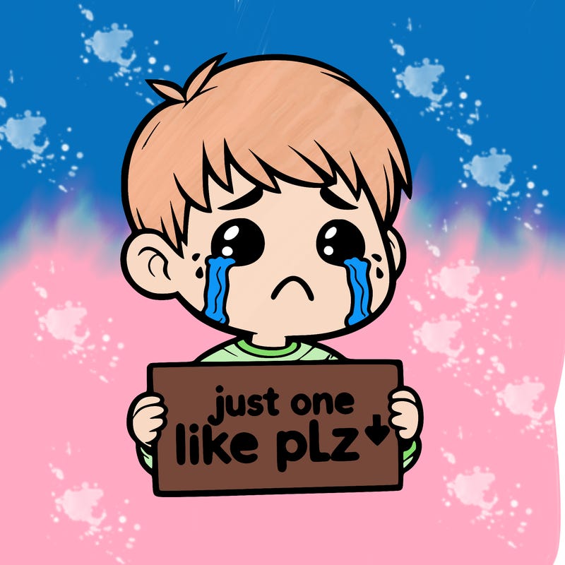 realistic crying boy with a sign saying just one like plz