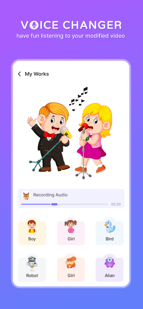 Voice Changer - Voice Effect - Screenshot of Voice Changer app showing an audio recording and selectable voice effects including robot and alien