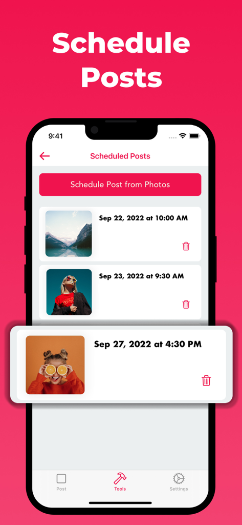 Mobile screen showing the scheduled social media posts list within the Repost app interface