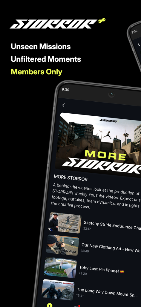 STORROR+アプリで限定パルクール動画コンテンツとメンバー限定ミッションを表示するスマートフォンの画面。