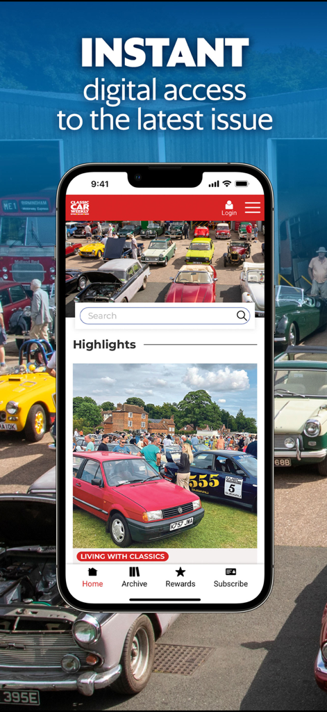 App Classic Car Weekly su iPhone che mostra i punti salienti delle notizie sulle auto d'epoca e messaggi di accesso digitale