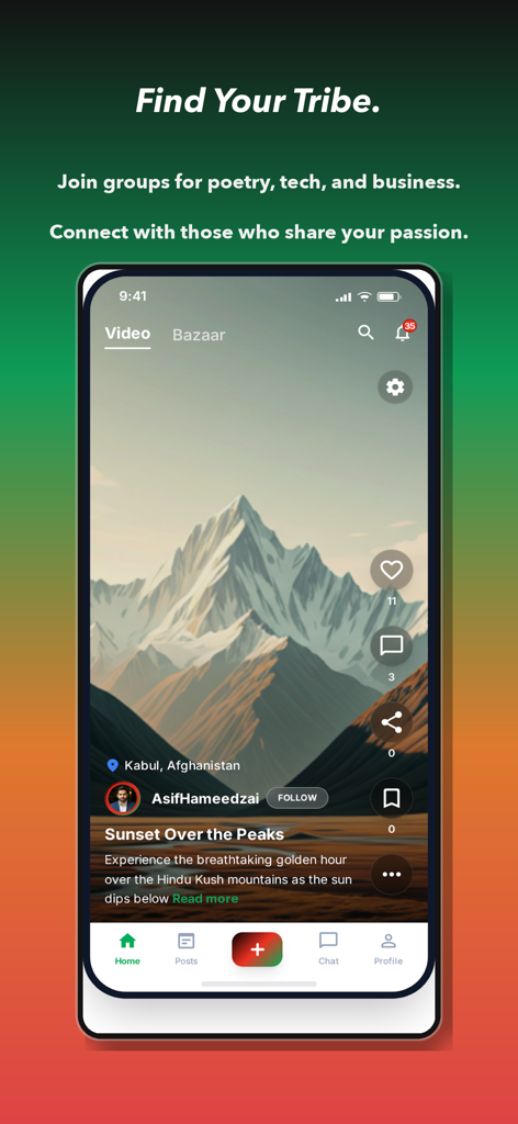 AfghanG: Digital Afghanistan - AfghanG app screenshot showing a video feed of mountains in Kabul with the text Find Your Tribe.