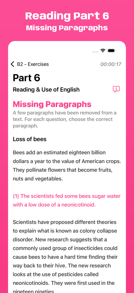 Schermata dell'app Cambridge B2 Exam Simulator che mostra l'esercizio di Reading Part 6 Missing Paragraphs sulla perdita delle api