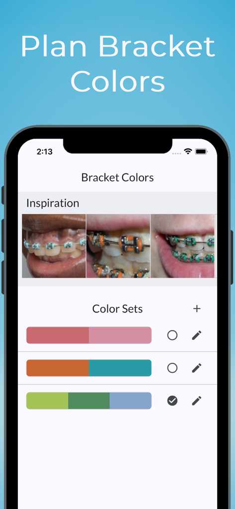Braces Tracker - Mobile app screen showing the bracket color picker feature with inspiration photos and customizable color sets for braces.
