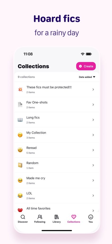 Fictivity: AO3 Unofficial - The collections screen of the Fictivity app showing various user-created folders for organizing fanfiction stories like Long fics and Fav One-shots.