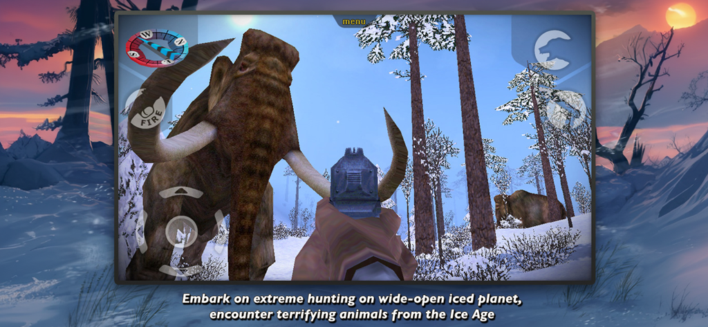 Perspectiva en primera persona de un jugador apuntando con un rifle a un mamut gigante en un paisaje nevado de la edad de hielo