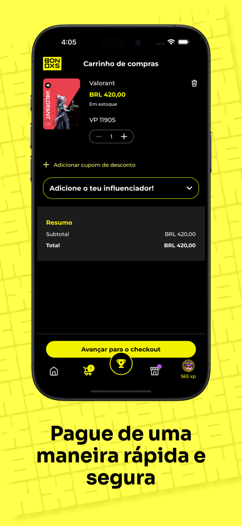 Bonoxs - Schermata del carrello dell'app Bonoxs con un buono regalo Valorant e un pulsante di checkout sicuro
