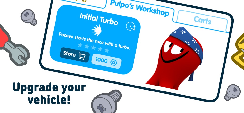 Écran de l'atelier de Pulpo dans Pocoyo Run and Fun montrant une option de mise à niveau de véhicule pour le turbo initial