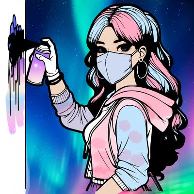 realistic girl with mask spray painting a wall