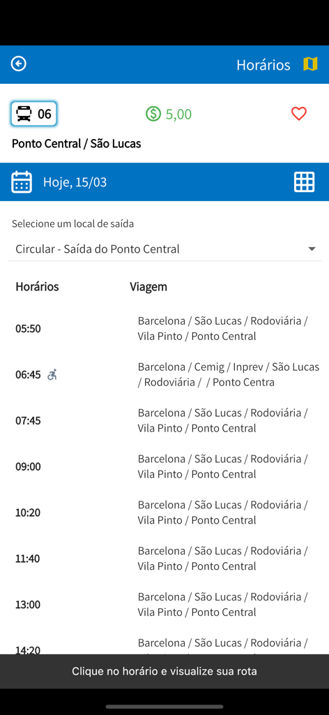 Viação Real - Écran de l'application Viacao Real montrant les horaires de la ligne de bus 06 et les détails de l'itinéraire pour Varginha Minas Gerais.