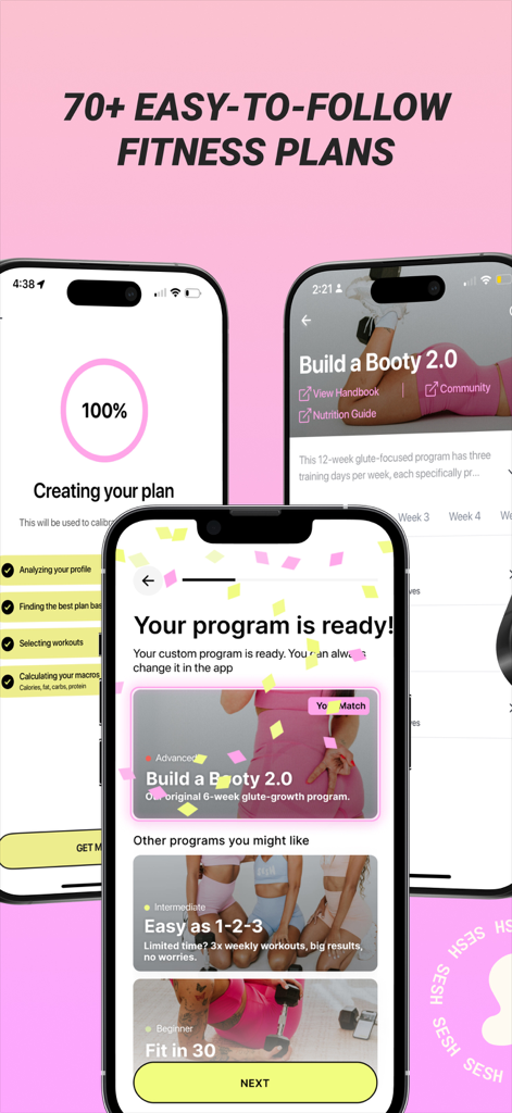 Sesh: Women Fitness & Workouts - Sesh app screens displaying various fitness plans like Build a Booty and Fit in 30 for women