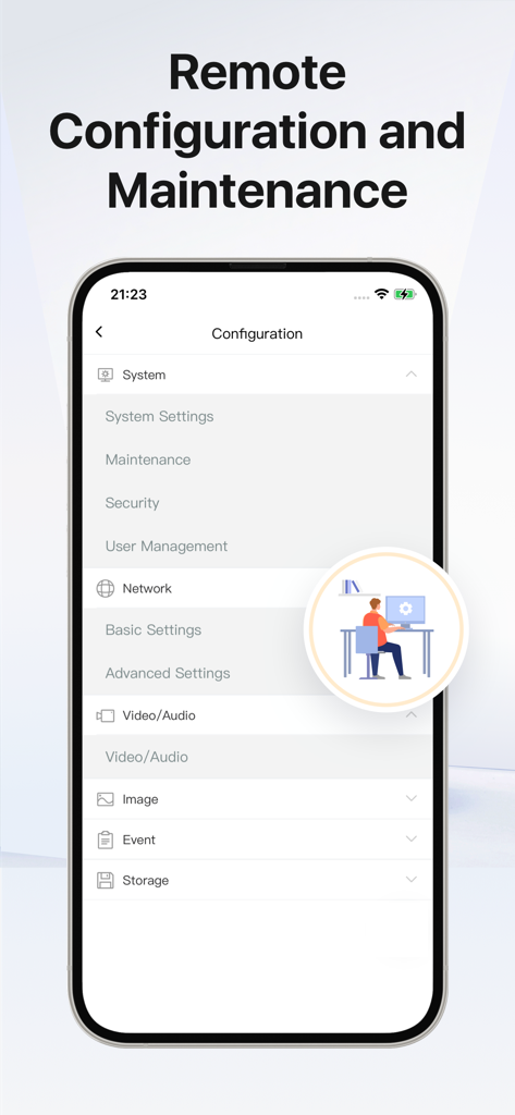 Interfaccia dell'app mobile Hik-Partner Pro che mostra le impostazioni di configurazione e manutenzione remota per i sistemi di sicurezza