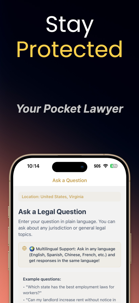 My AI Lawyer - My AI Lawyer app screen showing the legal question interface with location settings and multilingual support.