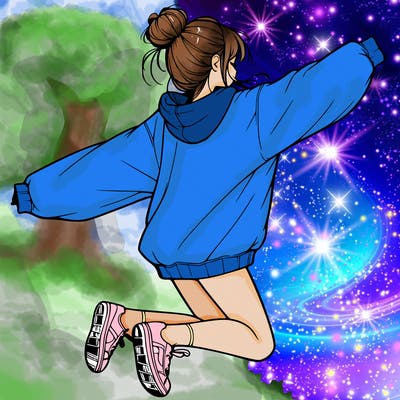 realistic girl jumping with a bun and oversized sweatshirt