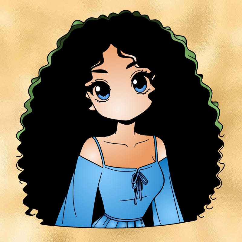 a black anime girl with long afro hair