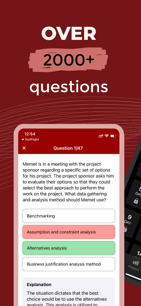 Pass PMI CAPM Exam 2026 - Mobile app screen showing a CAPM exam practice question with detailed explanation and over 2000 questions